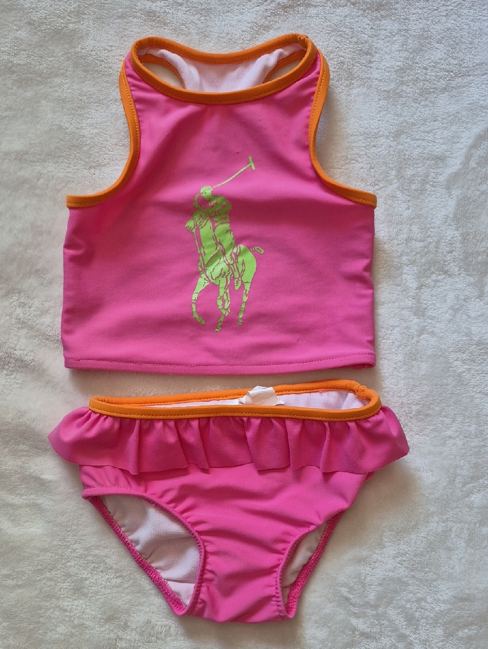Ralph Lauren Hot Pink Ruffle Two-Piece Swimsuit with Neon Green Logo